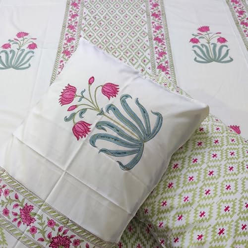 House of Harman I 350 TC 100% Pure Organic Cotton Bedsheet with 2 Matching Pillow Covers I Hand Block Printed I Natural Vegetable Dyes (Majestic Lotus Paradise Bedsheet) (Super King- 108*108 inches)