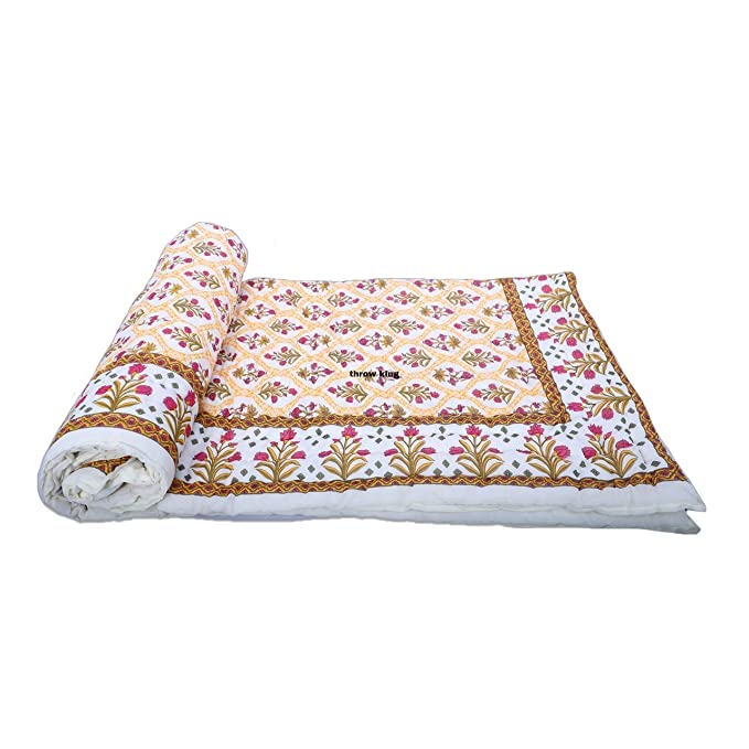 THROW KING Rajasthani Reversibel Single Bed Jaipuri Pure Organic Cotton And Can Use in Both Summer And Winter Mughal Desing Printed Soft Cozy & Breathable Jaipuri Razai/Rajai/Quilt/Blanket/Dohar/Duvet (Size-90X60)(Yellow/Maroon) Pack of 2 (TRW_A24)