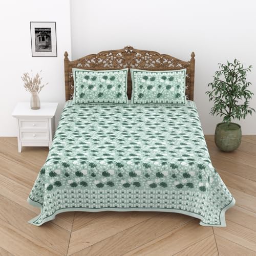 Feels Like Home 180 TC 100% Cotton Double King Size Bedsheet, 1 Bedsheet and 2 Pillow Covers, Block Printed, Uphaar Collection - Green Floral Print,95 x 108 Inch