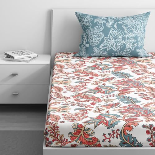 100% Cotton 152 TC Fitted Bedsheet with 1 Pillow Cover | Coco Single, 72" x 30", Coco| 1.83m x 76cm