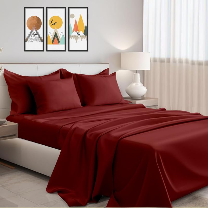 linenaffairs Cotton Bedsheets Set, 144 Thread Count, King - 102x108 Inch, Bed Sheet 3 Piece Sets, Flat Bedsheet with Pillow Cover Comfy Breathable & Cooling Sheets Best for Summer - Burgundy