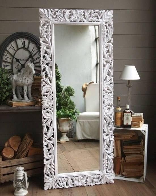 WoodIdea Wood Wall Decor Mirror Frame White Antique only Frame siz 4x2 feet's Only Frame with Out Mirror