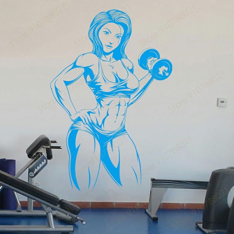 GADGETS WRAP Vinyl Beautiful Fitness Girl Dumbbell Muscular Gym Wall Decal Vinyl Blue