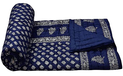 J SHREE Cotton Rajasthani Print Dark Blue Reversible Jaipuri Single Bed Quilt Razai Rajai Dohar AC-Blanket 85x55 inch (Single Bed)