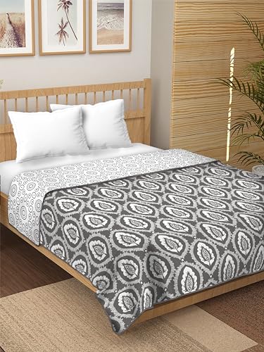 Dream Dwell100% Pure Cotton Reversible Dohar/AC Blanket for Double Bed |All Weather Light Weight | Floral Design Patterned, Grey and White Circular Motifs- Pack of 1