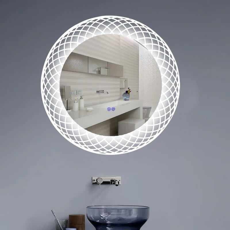 Artessa Designer Round LED Mirror with Defogger, Dimmer, 3-Colour LED for Bathroom (60 x 60 CM)