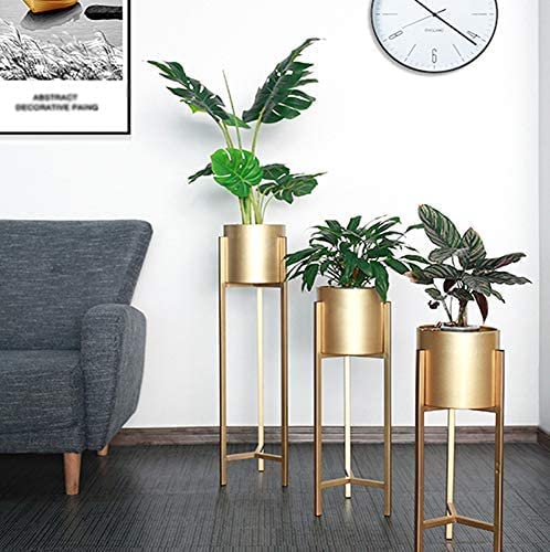 THE PLANT FAIRIES Modern Metal Floor Flower Stands Planter for Living Room Bedroom Display Plant Stand Tall Indoor Plant Stand with Planter -(Set of 3 golden)