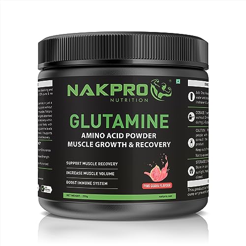 Nakpro L-Glutamine Powder - JAR | 4g Glutamine Per Serving, 50 Servings | Post Workout Amino Acid Protein Supplement for Muscle Growth and Recovery (Pink Guava, 250g)