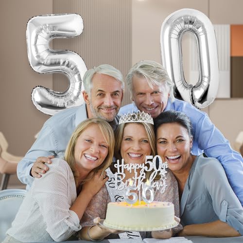 50th Birthday Decorations Women Include Silver 50th Birthday Tiara and Sash, Silver 50th Birthday Candles and Cake Topper, Silver 50th Birthday Balloons for 50th Birthday Gifts Women