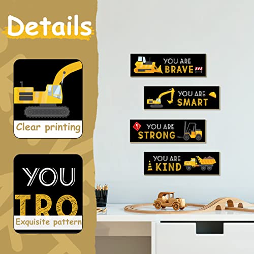 LUHIMO 4 PCS Construction Trucks Theme Room Decor for Boys,Wooden Hanging Wall Pediments for Kids Toddler Boy Playroom Art Inspirational Quotes.