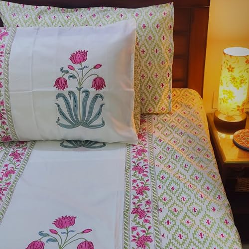 House of Harman I 350 TC 100% Pure Organic Cotton Bedsheet with 2 Matching Pillow Covers I Hand Block Printed I Natural Vegetable Dyes (Majestic Lotus Paradise Bedsheet) (Super King- 108*108 inches)