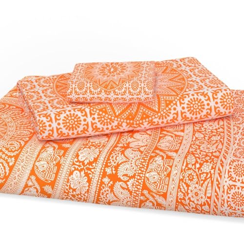 Värde Classic Collection Double Bedsheet with 2 Pillow Cover | 100% Cotton Bedsheets for Double Bed | All Season Comfort | Handmade Handloom Bedsheet | Size 86x90 inches (ArtyClick Orange)