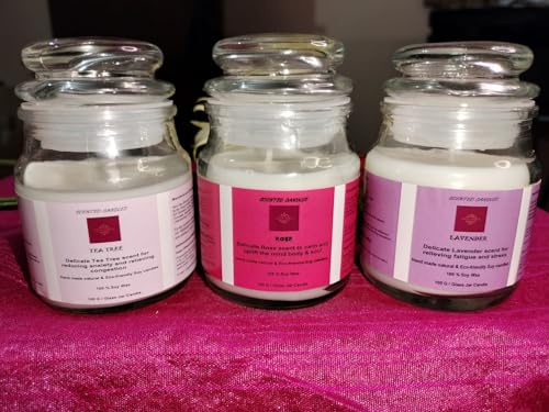 Tea Tree, Rose & Lavender 3X100 GMS Each, Pack of 03, Organic Hand Made Natural Aroma Candles 100% Soy Wax, Fragrance up to 25Hrs, Best Gift, Scented Candles for Home Decor