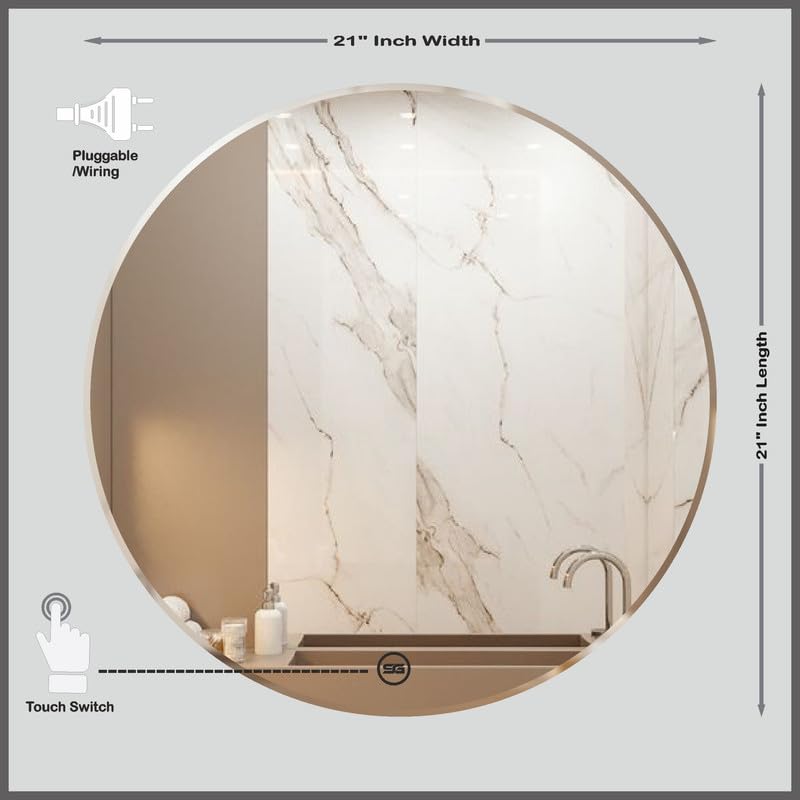 Spark Glass Round LED Sensor Mirror. (LedColour: White, Warm White, & Mix Light) - (Size:21 Inch)