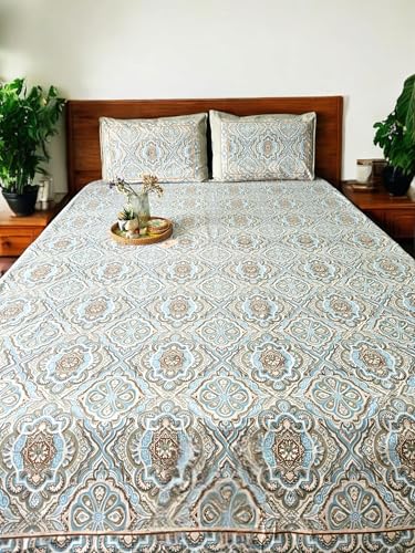 Feels Like Home 180 TC 100% Cotton Double King Size Bedsheet, 1 Bedsheet and 2 Pillow Covers, Block Printed, Uphaar Collection - Beige Floral Print,95 x 108 Inch