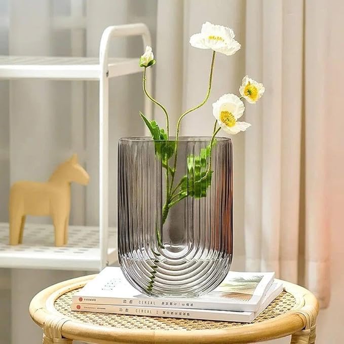 BELLU Black Ribbed Glass Flower Vase, 7.3" H Modern Small Vase, Ellipse U Shaped Fluted Striped Decorative Vase, Fit for Home Living Room Table Decor (Open:5" x 2.6")