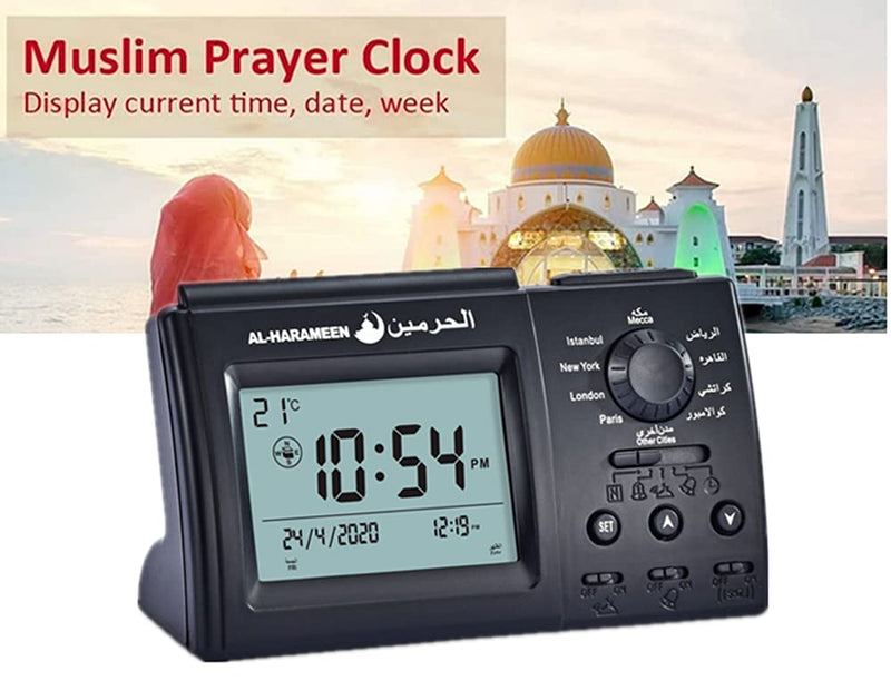 Hitopin Muslim Azan Table Clock Azan Athan Prayer Clock Black Color Complete Azan for All prayers Qibla Direction HP-3006