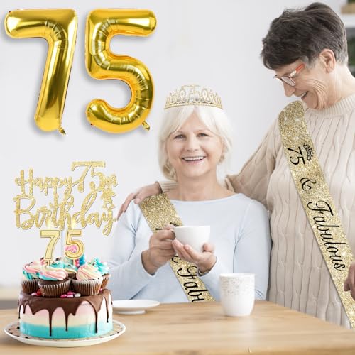 75th Birthday Decorations Women with 75th Birthday Sash and Tiara, Happy 75th Birthday Cake Toppers, Number 75 Candles, Gold 75 Birthday Balloons,75th Birthday Party Gifts for Women (Gold)