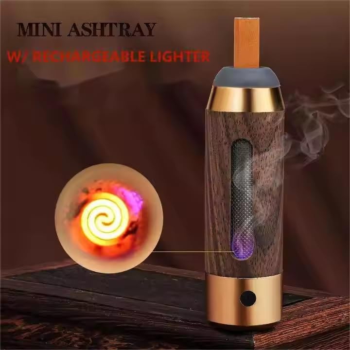 Wooden and Metal Smokeless Ashtray with Rechargeable Lighter, Car Ashtray