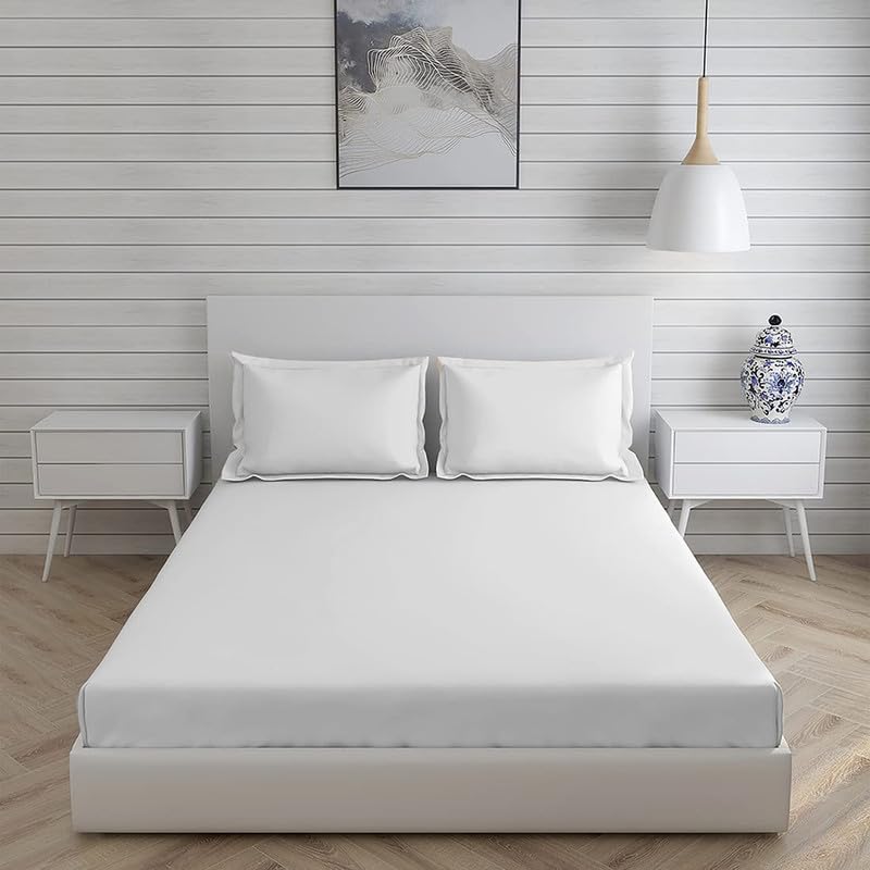 100% Cotton Solid Bedsheet for King Bed Hotel Quality Plain White King Double Flat Bedsheets with 2 Pillow Covers - (Size 90x100)