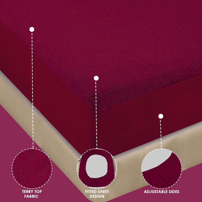 GADDA CO 100% Waterproof Bamboo Feel Premium Cotton Mattress Protector | Anti-Bacterial Bed Cover, Hypoallergenic, Breathable Ultra Soft Fitted - Double Bed Size (72x72 inch | 6x6 feet) Beetroot