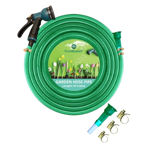 TrustBasket Premium PVC Braided Hose Pipe (10 Meter) | Pipe for garden with 7 Pattern Sprayer Gun & 3 clamps (1/2 inch pipe)- Easy to Connect for Home Gardening, lawn, Car Wash