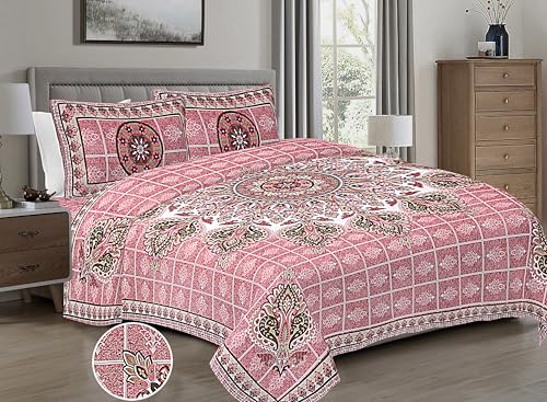 HZAR ART King Size Premium 100% Cotton Bedsheet for Double Bed with 2 Pillow Covers | 280 TC Flat Sheet | Jaipuri Print Double BedSheet Cotton(Mandala Print,100 X 108 Inches) SB48