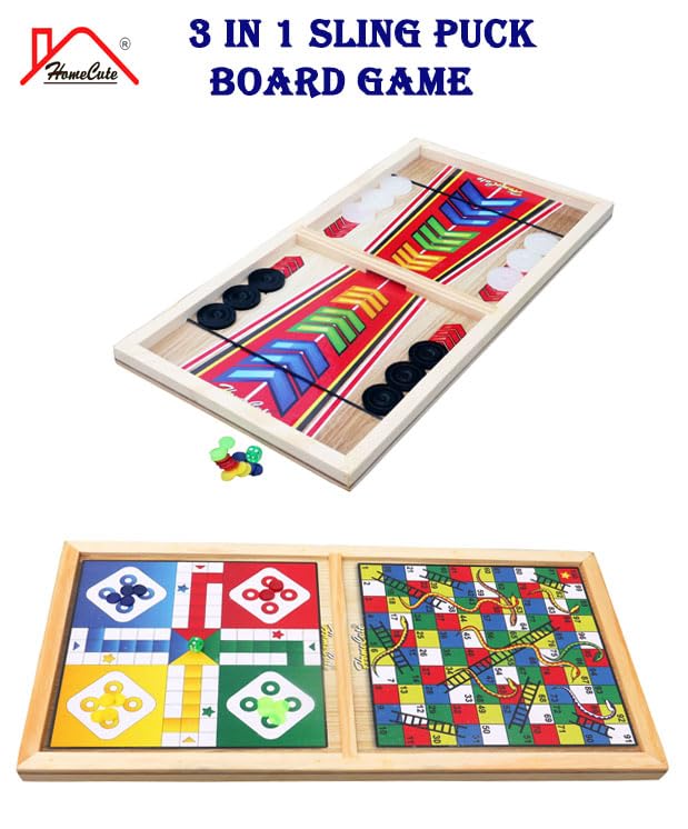 Homecute Wooden Fastest Finger Board Game with Ludo and Snake and Ladder 3 in 1, Indoor Games for Kids, Fast Sling Puck Board Game for Adult Parent Kids Children Family.