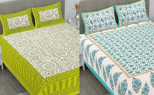 ColorKart Pure Jaipuri Print 100% Cotton Rajasthani Tradition 2 Double Bedsheet with 4 Pillow Cover - Pattern-172