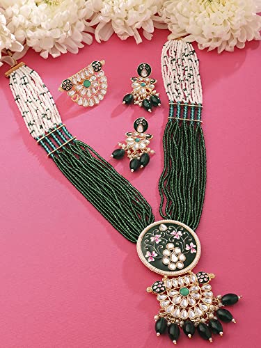 ZAVERI PEARLS Green Pink Meenakari Multistrand Beaded Long Kundan Necklace Earring & Ring Set For Women-ZPFK15624