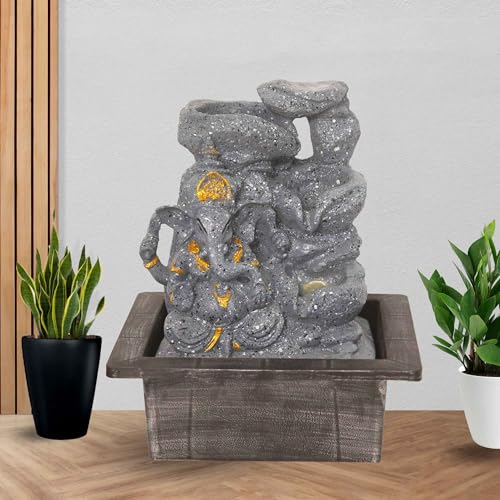 Art N Hub Lord Ganesha Home Decorative Water Fountain Best Home and Office Inauguration Gift Items | Built (21 x 18 x 25 CM | Dotted Grey Golden)