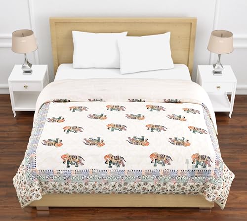 PINAARAS INTERIOR 400 Tc Pure Cotton Traditional Jaipuri Animals Design Printed Light Weight Single Bed Quilt/Razai/Rajai (Animal Print, Set of 2 Elephant)