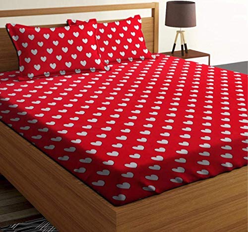 Home Trade Ashok Enterprises Designer 3D Love Heart Printed Polycotton Double Size Cotton Bedsheet with 2 Pillow Cover for Bedroom/Living Room (Red)