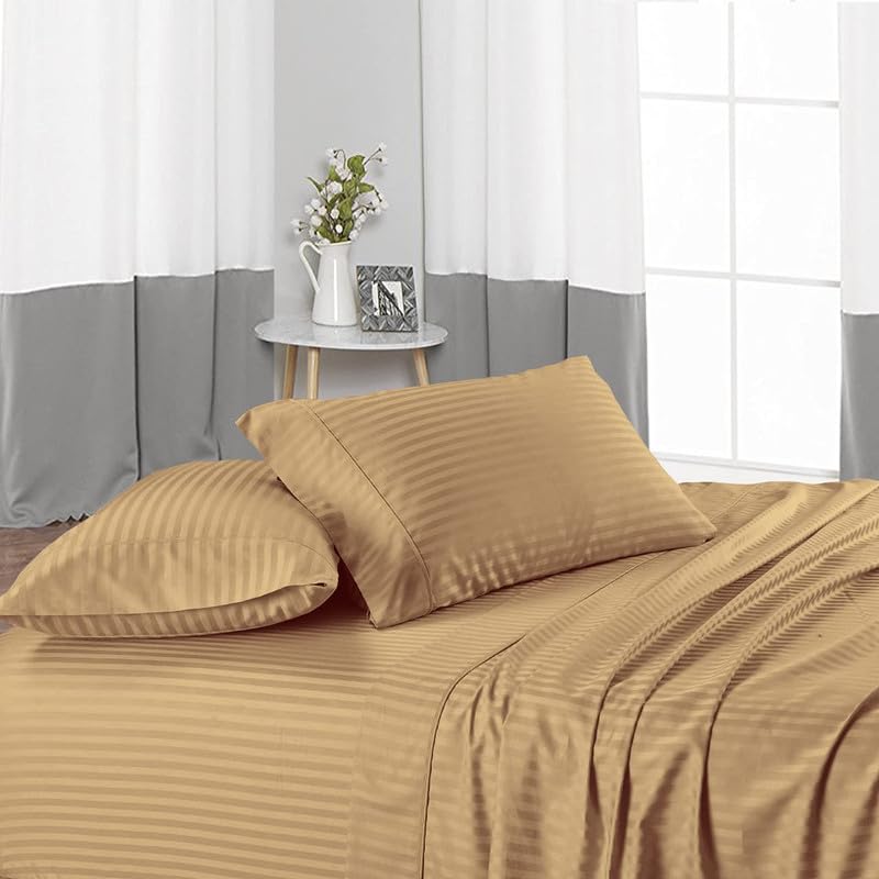 Sateen Bedding- 600 Thread Count Elastic Fitted Bedsheet with 2 Pillow Cover- 100% Cotton All Over Elastic- 12" Deep Pocket- Wrinkle Free & Fade Resistant -Taupe Stripe,King Size