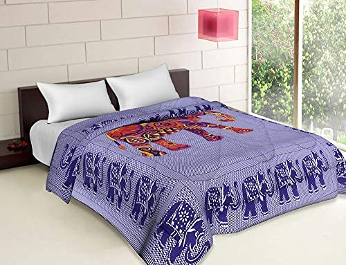 URBAN HAAT Cotton Single Bed Hand Block Printed Machine Stiching Elephant Black Jaipuri Quilt/Razai/Comforter in Branded Travel Bag (90 * 62 Inch)