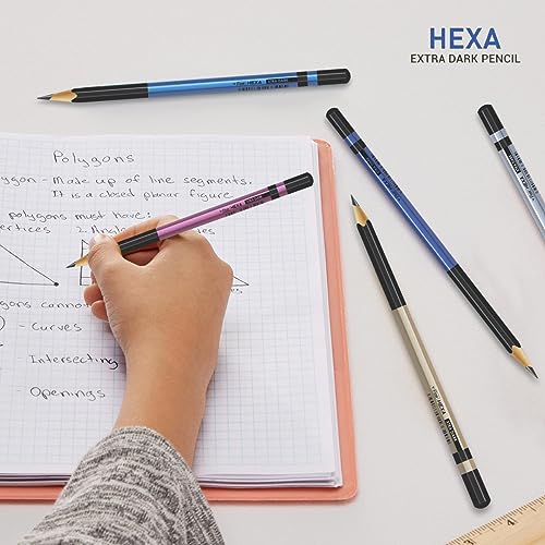 FLAIR Creative Series Hexa Extra Dark 2B Pencil Box Pack | Hexagonal Body With Metallic Finish | Non-Toxic | Free Sharpner & Eraser Inside | Easy & Smooth Sharpening | Pack Of 10 Pencils