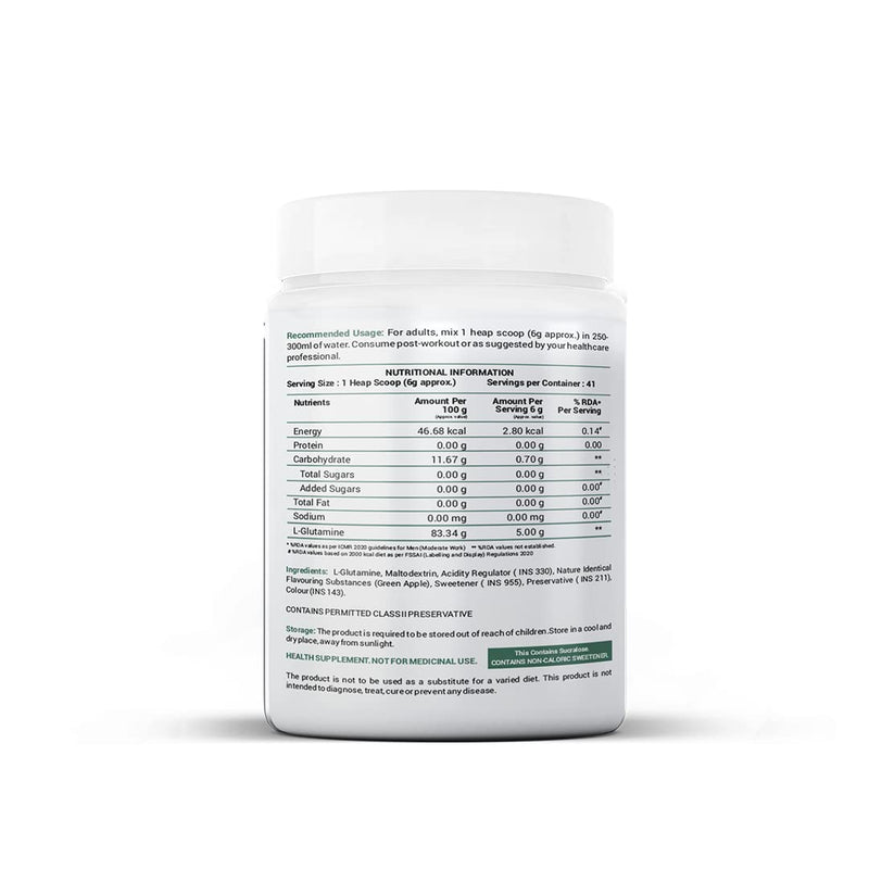 Onelife L-Glutamine Powder 5000mg Post Workout Supplement Helps to Gain Muscle, Healthy Immune, Repair Muscles and Aids Muscle Recovery Flavour Green Apple 250gm