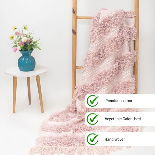 DMAASA Pure Cotton Pink Fur Sofa Throw | 50x70 Inch Twill Size Throw for Chair, Couch, Bed, Living Room, Knitted Throw | Multipurpose Soft Cozy Lightweight Breathable Throw Easy Machine Washable