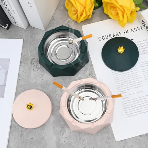 Bekecidi 2 PCS Ashtray with Lid, Crown Stainless Steel Ashtray, Desktop Smoking Ash Tray, Windproof Ash Holder for Smokers, Ashtray for outdoor Indoor Home Office Garden Bar (Pink, Green)