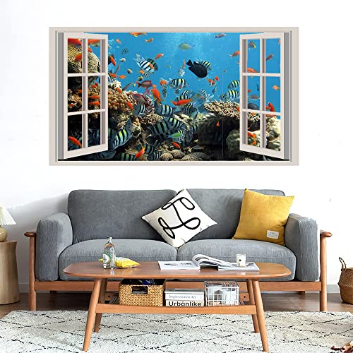 GADGETS WRAP Printed Wall Decal Sticker Fake Window Style Decal (90cm x 50cm) - Under Sea Fishes