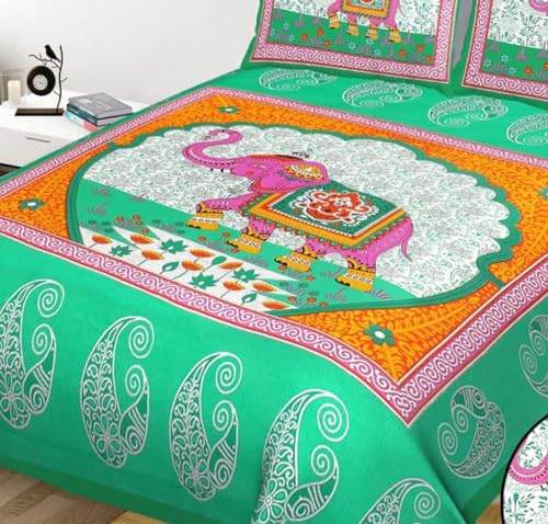 SOMYA Green-Elephant-Jaipuri-Bedsheet190 TC Cotton Double Printed Flat Bedsheet (Pack of 1, Multicolor) SOMYA GEMS