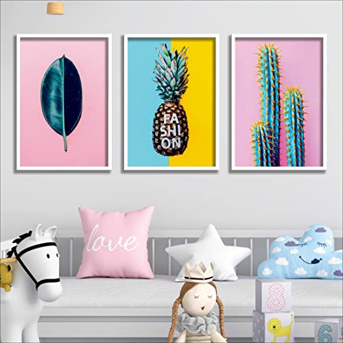 SAF paintings Set of 3 Tropical Pineapple Modern Art Premium White Frame Painting For Wall Decoration, Bedroom, Paintings For living Room 31.5 inch x 13.5 inch,WHITEMX33586