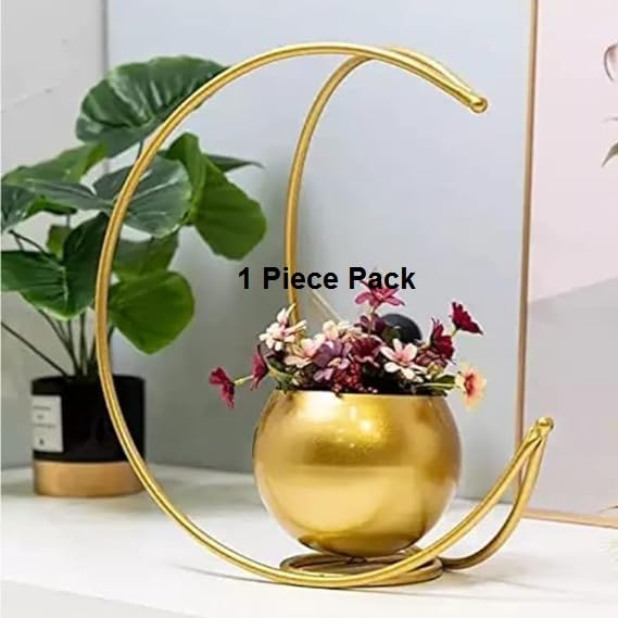 TAJ CREATIVE HANDICRAFTS Metal Flower Vase with Gold Finish Metal Geometrical Half Moon Design Flower Pot Stand | Table Top Decorative Flower Pot | 24x24 cm item nmbr T-1008