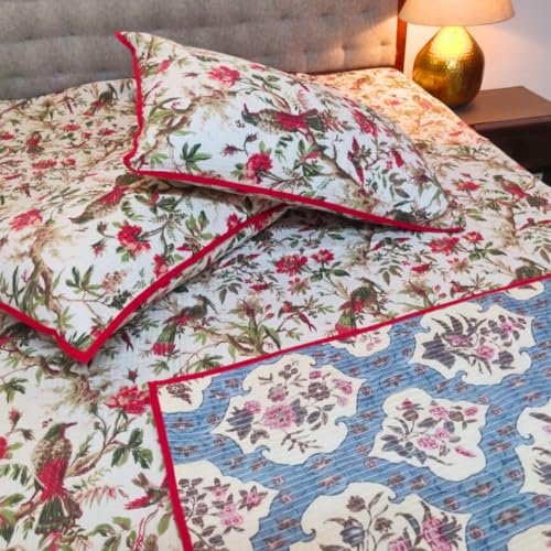 COTTON CASTLE Anokhi Quilted Bedcover Reversible Bedsheet with Pillow Cover Floral Design Suitable Bedsheet for Double Bed Sze: King Size (Size-100×108") (Ivory with Red)