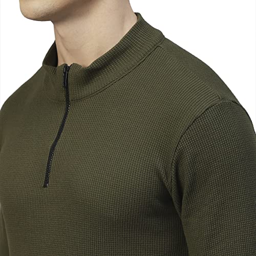 Rigo Men Olive Henley Neck Full Sleeves Waffle Knit T-Shirt