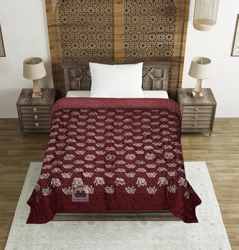 AARMOZY Cotton Filled Light Weight Silk Jaipuri AC Quilt/Razai Gold Print Jaipuriya Rajai/Razzai Animal Print, Maroon Elephant Double Bed