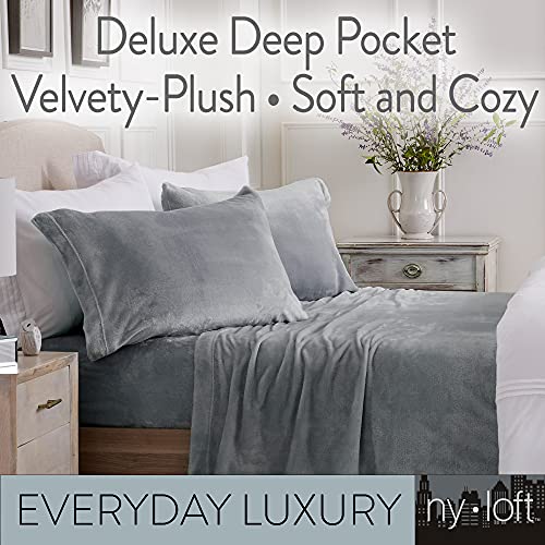 Velvet Plush Sheet and Pillowcase Set with Extra Deep Pockets | Extra Soft Micro Fleece Sheet Set | Ultra Plush and Cozy Warmth | Velvety Soft Heavyweight | Tribeca Collection (Queen, Grey)