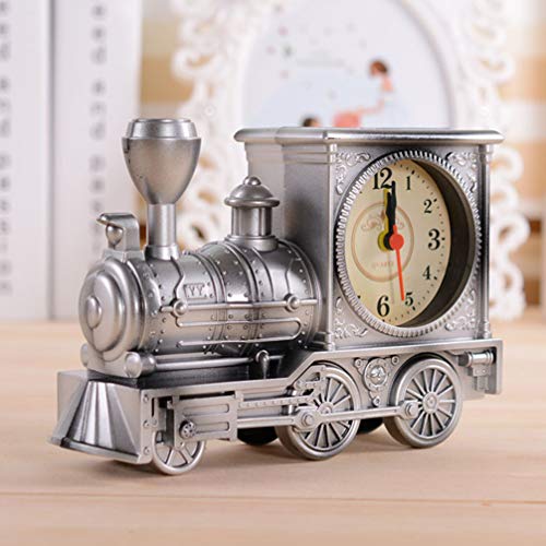 FAVOMOTO Silver Retro Train Clock Model Train Locomotive Clock Table Time Clock Steampunk Decoration Home Office Shelf Train Model Time Clock