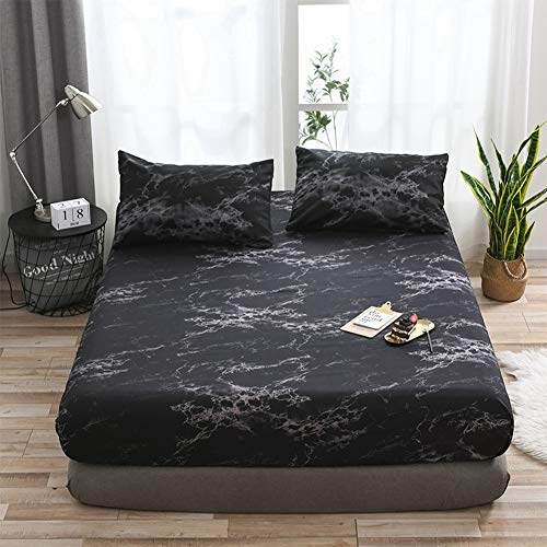 Fitted Bed Sheets, Skin-Friendly Breathable Fitted Sheet Marbled Pattern for Bed for Home(Marble-Black)