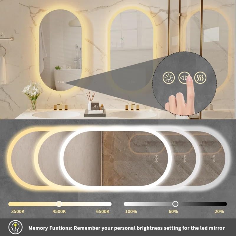 Artessa Designer Backlit Oblong LED Mirror with Defogger, Dimmer-Option, 3-Colour LED for Bathroom (90 x 60 CM)